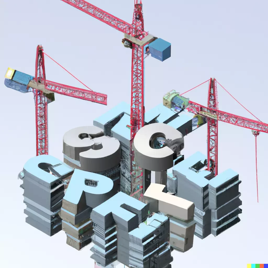 3D isometric illustration of cranes lifting words surrounded by word towers
