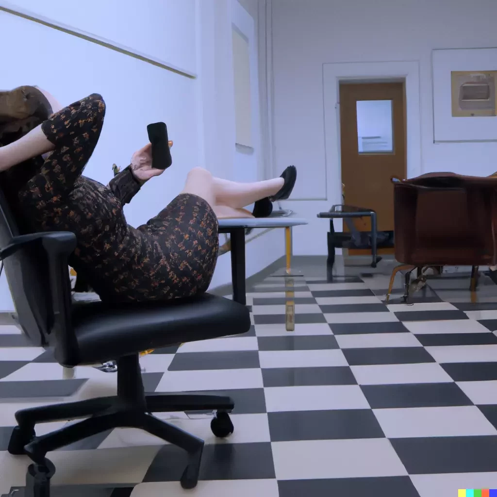 a Sophisticated woman using her mobile phone whilst reclining on a brown leather eames