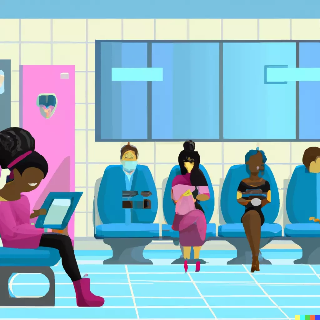doctors waiting room from the future filled with people and technology devices
