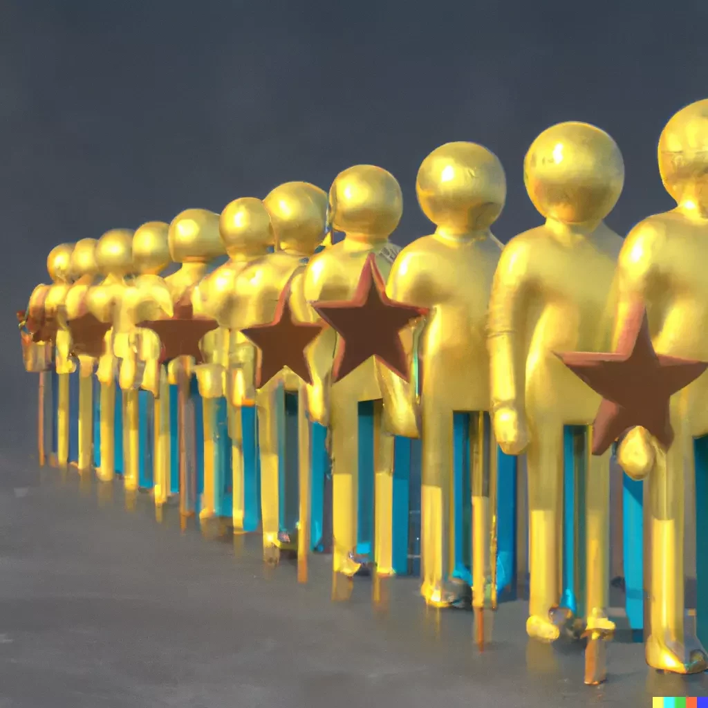 a line of people holding gold stars