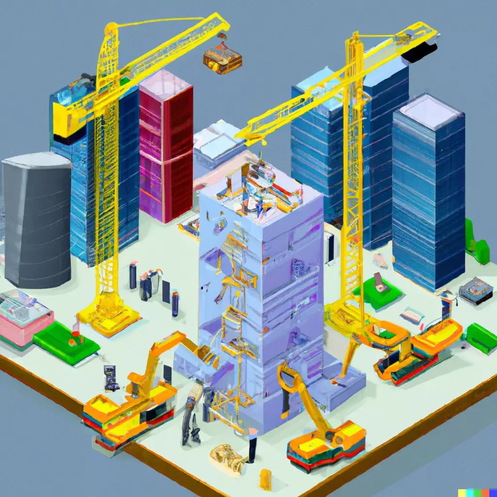 3D Isometric Illustration of business people working on constrcuting buildings